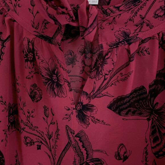 LOFT Floral Butterfly Peasant Blouse Pink Sheer Tie Neck Keyhole Womens Medium - Picture 5 of 10